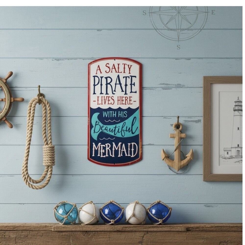Salty Pirate Lives Here W/ His Beautiful Mermaid Metal Sign Beach Nautical Decor